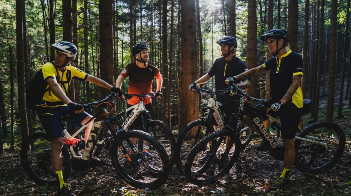 Vier Personen auf Mountainbikes im Wald