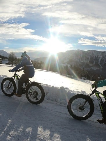 Mountain bikers in the snow in the Kalkalpen National Park