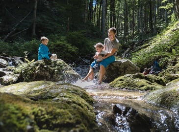 Kinder spielen am Bach im Wald im Nationalpark Kalkalpen