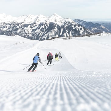 Group of skiers on an active holiday in the mountains in Upper Austria