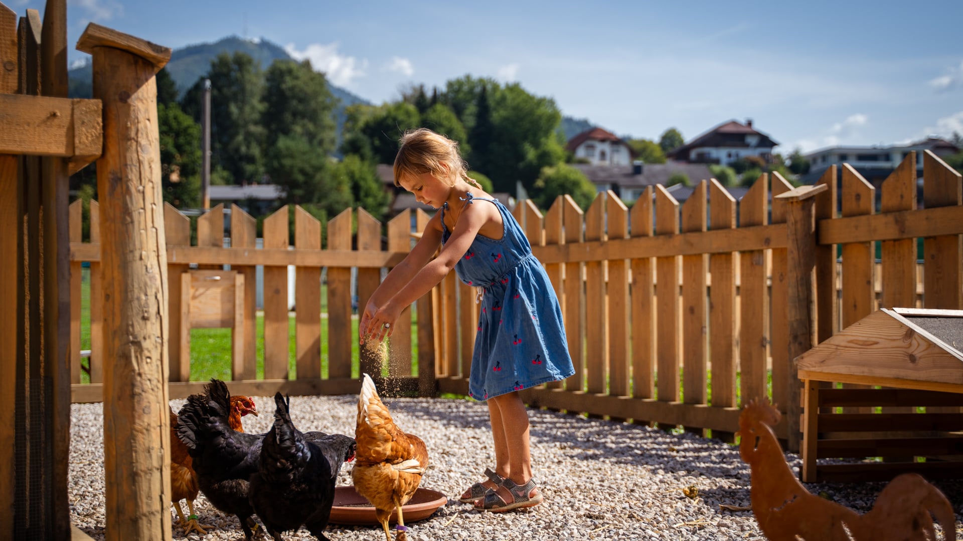 Kleinkind füttert eine Ziege auf der Wiese im Streichelzoo des Kinderhotels Oberösterreich