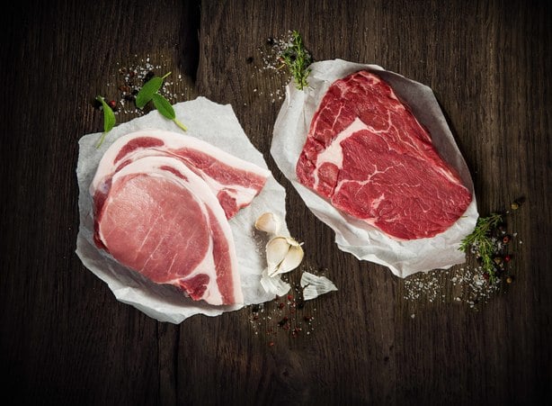 Two raw pieces of Oberio brand prime ribeye steak from Gourmetfein